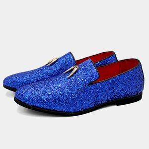 Santimon Men's US 8.5, 9.5 Blue Glitter Sequin Slip On Loafers Tuxedo Suit Shoes